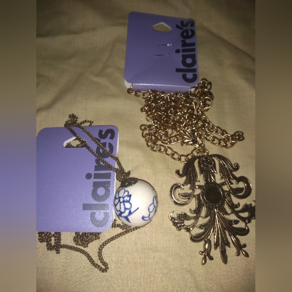 NWT 2 Necklaces, Both Long, Claire's, Blue & White Glass Pendant, Gold F… - Picture 2 of 8